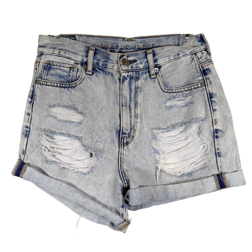 American Eagle Womens High Rise Distressed Denim Mom Short Size 2 Acid Wash Jort